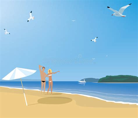 Couple Resting On A Deserted Beach Of Seaside Stock Vector