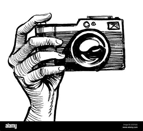 Hand Holding Retro Camera Ink Black And White Drawing Stock Photo Alamy