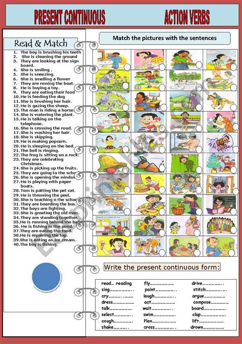English Worksheets Matching Present Continuous Verbs With Pictures My