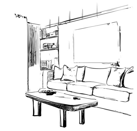 Hand Drawn Sketch Of Modern Living Room Interior With A Sofa Pillows