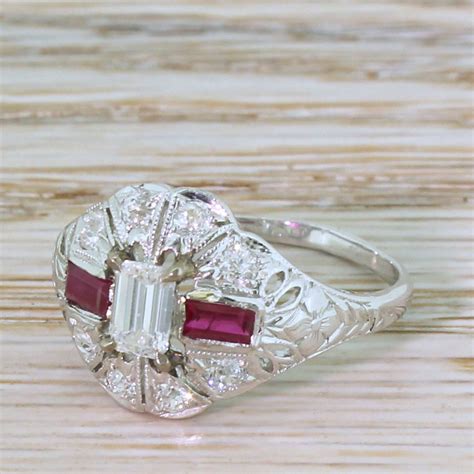 Retro Emerald Cut Diamond Ruby Ring Circa 1950 Gatsby Jewellery