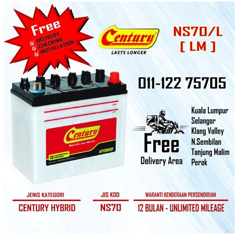 Free delivery and installation of car batteries available 24 hours. Century Hybrid Wet  NS70 / NS70L  Bateri Kereta Car ...