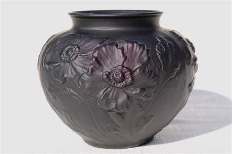 Vintage Tiffin Black Amethyst Art Glass Vase Frosted Satin Puffy Glass Poppies Floral