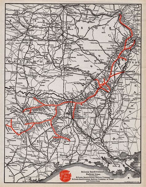 1915 Antique Cotton Belt Route Railway Map St Louis Southwestern