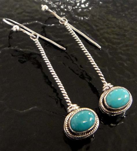Long Detailed 925 Sterling Silver And TURQUOISE Dangle Earrings