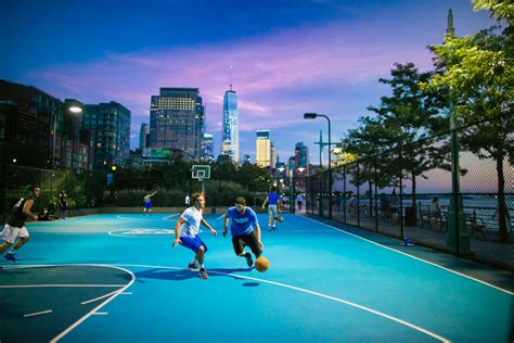 Basketball Court At Hudson River Greenway Park View Of One World Trade