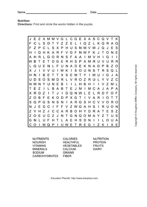 Nutrition Word Search Puzzle Template Printable Pdf Download