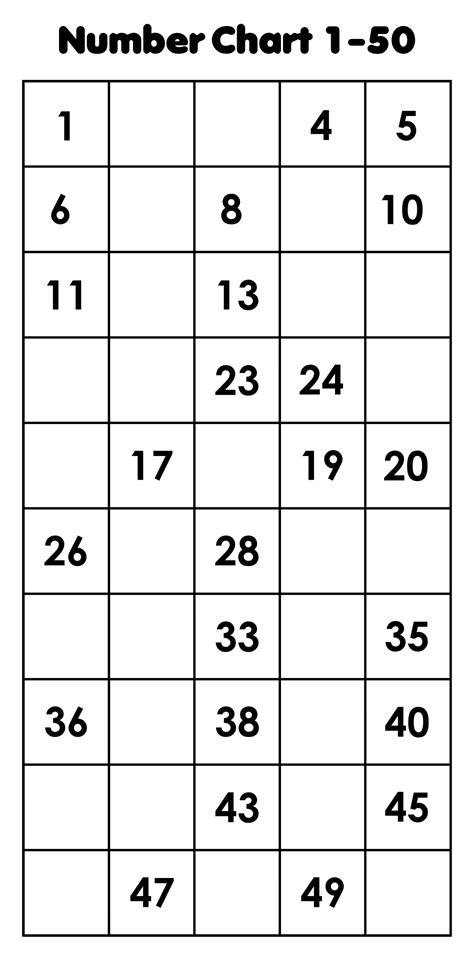 Printable Blank Number Chart 1 50 Number Grid Number Chart Missing