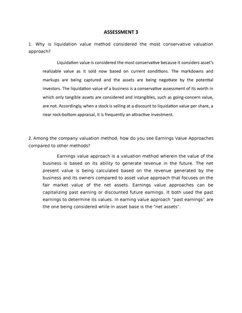 Assessment 3 Essay Assessment 3 Why Is Liquidation Value Method