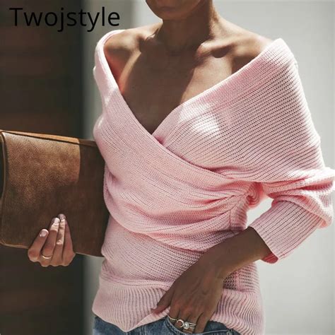 twojstyle pink sexy women knitted sweater deep v nevk elastic long sleeve jumper autumn winter
