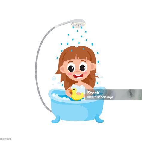 Vektor Kartun Gadis Anak Mencuci Di Bak Mandi Ilustrasi Stok Unduh