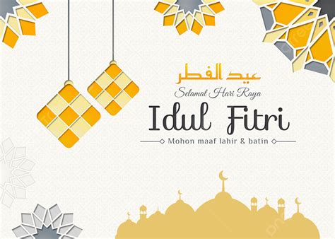 Lettering Selamat Hari Raya Idul Fitri With Mosque And Ketupat