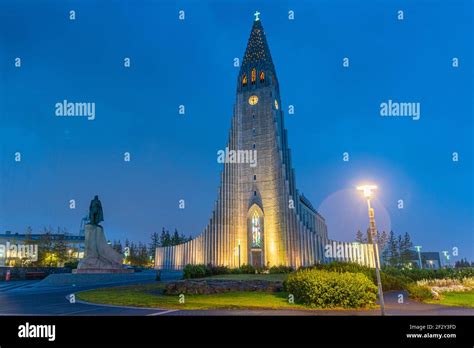Night View Of Hallgrimskirkja Cathedral In Reykjavik Iceland Stock