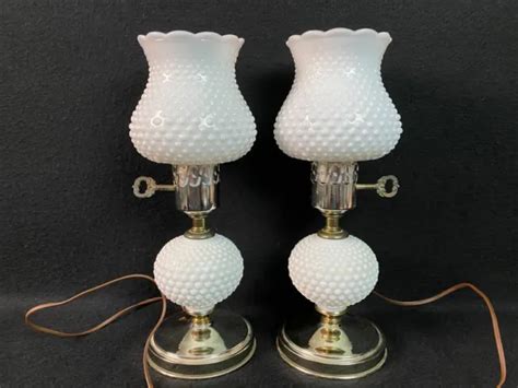 Pair Of Vintage Hobnail Milk Glass Vanity Boudoir Lamps Metal Base Tall Picclick