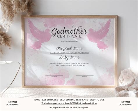 Editable Godmother Certificate Template Printable Baptism Etsy France