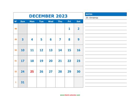 Free Download Printable December 2023 Calendar Large Space For