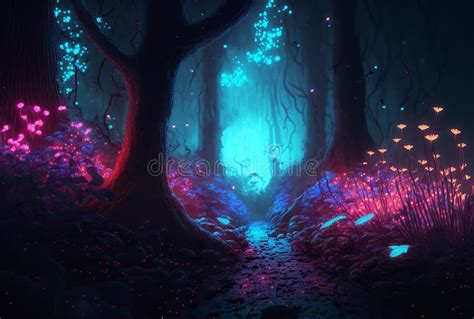 Illustration Of Abstract Fantasy Landscape With Crystals And Glowing