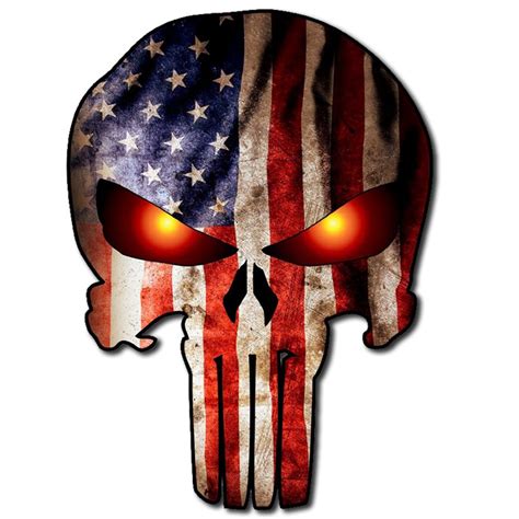 Punisher Skull Military American Flag Eyes On Fire Glow Burning Us