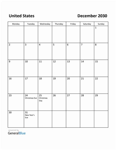 Free Printable December 2030 Calendar For United States