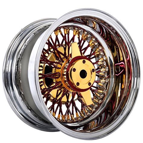 13x7 Wire Wheels Reverse 72 Spoke Cross Lace Red Spoke With Gold Nipple And Chrome Lip Rims