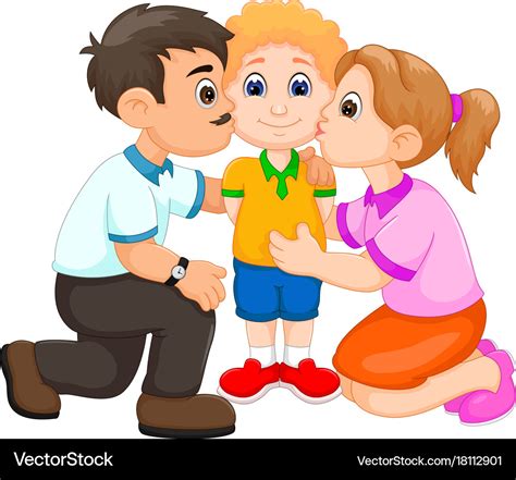 Handsome Boy Cartoon Kissed By Father And Mother Vector Image
