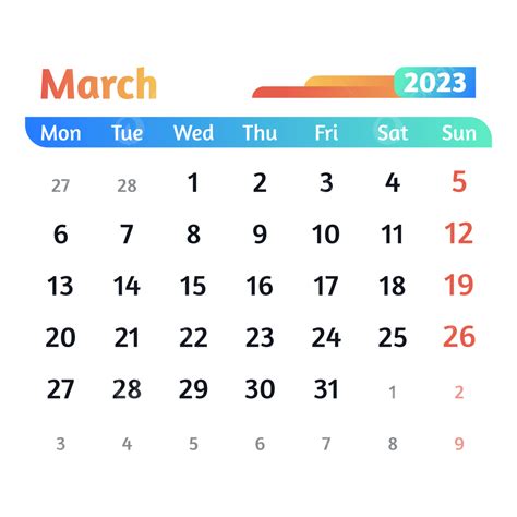 March 2023 Calendar In Gradient Color March 2023 March Calendar