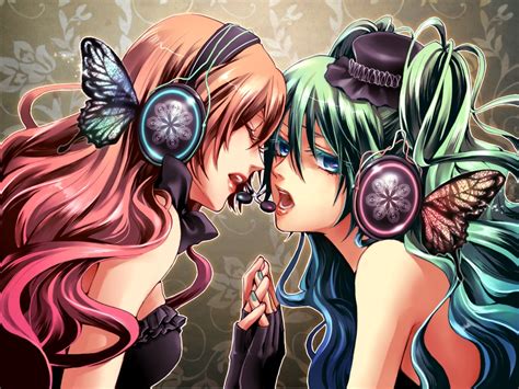 2girls aqua eyes aqua hair butterfly hatsune miku headphones long hair magnet vocaloid