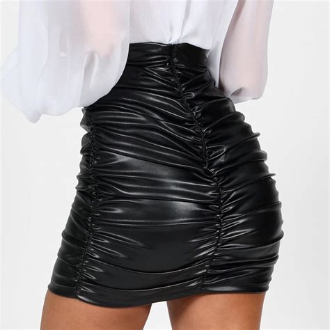 Black Leather Pleated Ruched Style Womens Slim Skirt Etsy
