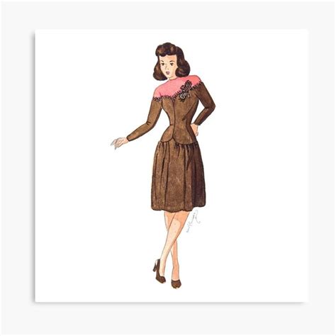 Vintage 1940s Fashion Sketch Woman In Brown Dress Canvas Print By