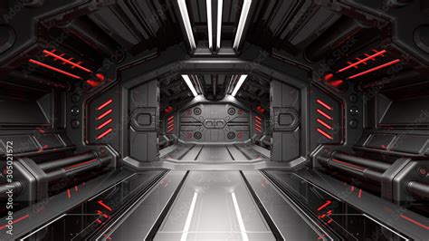 Sci Fi Space Station Corridor Or Dark Metallic Futuristic Spaceship
