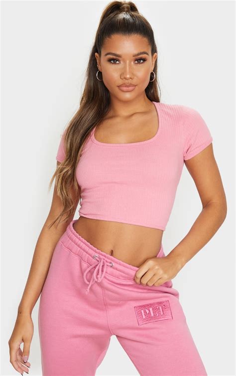 Dusty Pink Open Back Rib Crop Top Tops Prettylittlething