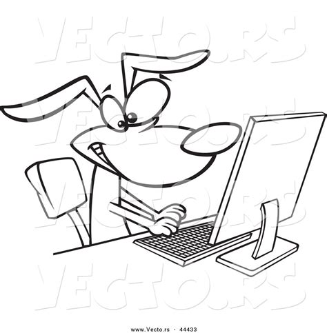 Vector Of A Happy Cartoon Dog Typing At A Computer Coloring Page
