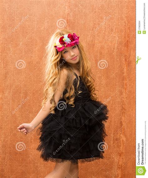 Black Dress Kid Girl Dancing On Vintage Background Stock Photo Image