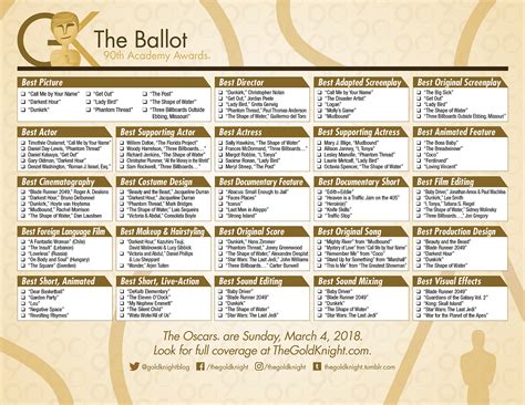 Oscars 2018 Download Our Printable Ballot The Gold Knight Latest