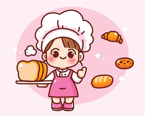 Happy Cute Girl Chef Uniform Holding Bread Cooking Bakery Food Logo