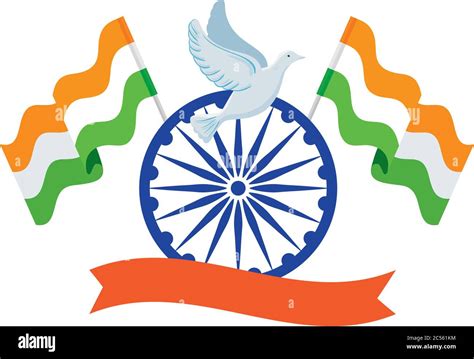 Blue Ashoka Wheel Indian Symbol Ashoka Chakra With Dove Flying And Flags India Stock Vector