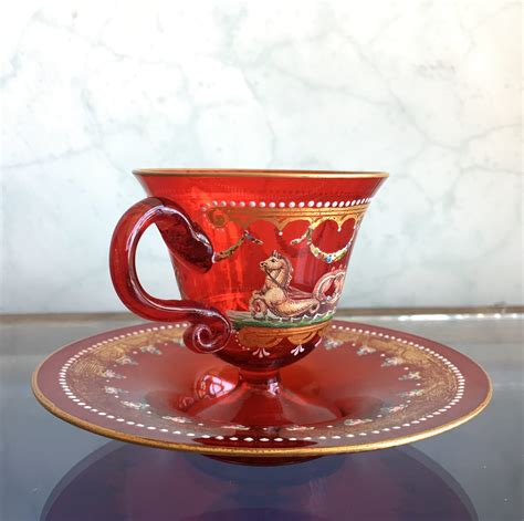 Moser Ruby Glass Cup And Saucer ‘venetian’ Scenes C 1925 20972 Moorabool Antique Galleries