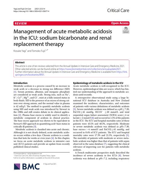 Management Of Acute Metabolic Acidosis In The Icu Sodium Bicarbonate Pdf Intensive Care