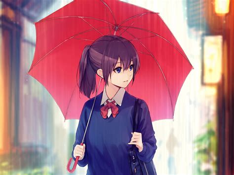 Download 1600x1200 Wallpaper Blue Eyes Anime Girl With Red Umbrella