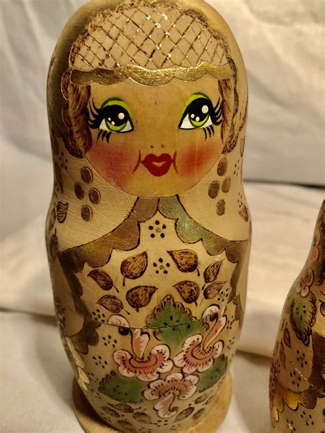 Vintage Wooden Russian Nesting Dolls Hand Painted Gold Foiled Wood Burned Five Piece Set