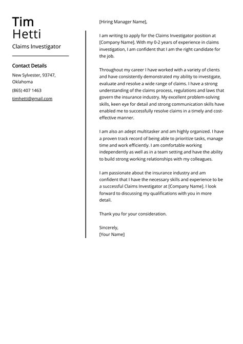 Claims Investigator Cover Letter Example Free Guide