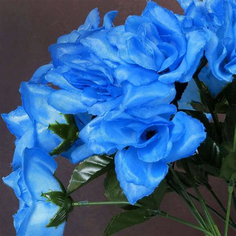 12 Bushes 84 Pcs Blue Artificial Silk Rose Flowers With Green Leaves