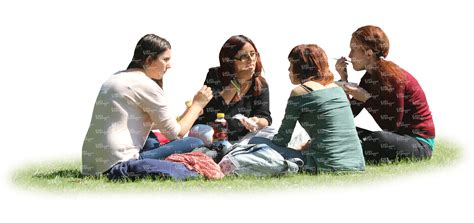 Group Of Four Women Sitting On The Grass And Having A Picnic Vishopper