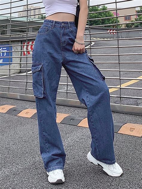 Emmiol Free Shipping 2024 Casual High Waist Cargo Jeans Blue S In Cargo