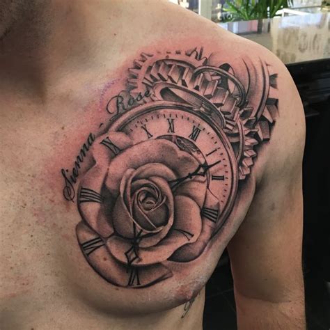 A Man S Chest With A Rose And Clock Tattoo Design On It That Says Be Brave