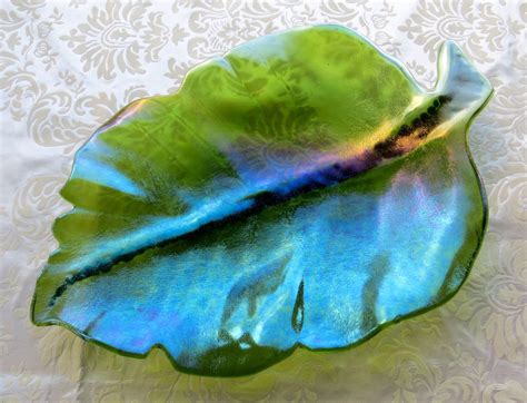 Fused Glass Large Leaf Bowl In Iridescent Light Green With Dark Green Accent By Magpieandsquid