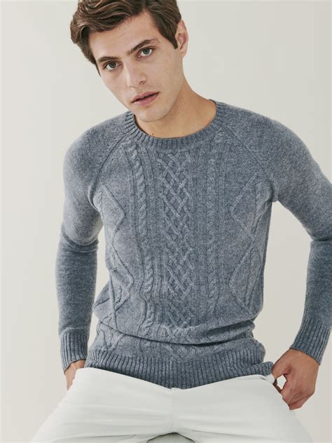 Mens Luxury Cable Knit Cashmere Crew Neck Sweater Grey