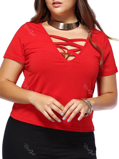 49 Off Alluring Plus Size Red Plunging Neck Criss Cross Womens T