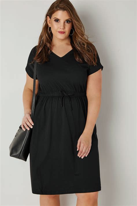 Black Jersey T Shirt Dress With Drawstring Waist Plus Size 16 To 36