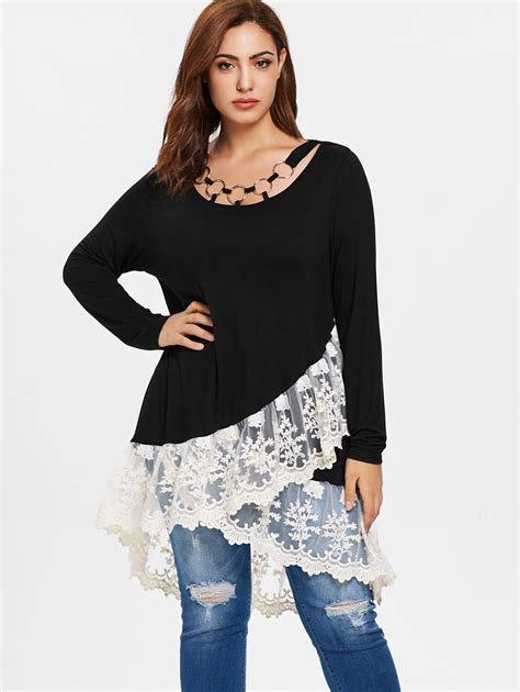 Wipalo Plus Size 5XL Lace Trim Layered Tunic T Shirt Casual Patchwork